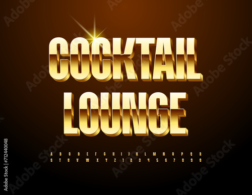 Vector premium sign Cocktail Lounge. 3D Gold Alphabet Letters and Numbers set. Elite shiny Font.