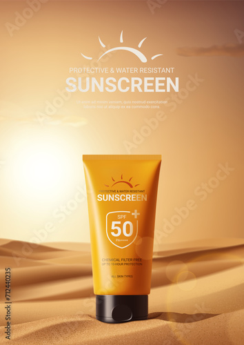 Ad poster for promotion sunscreen. Concept of minimalist design of advertisement of sunscreen. Vector illustration with tube with cream on desert sand with sunset on background. Ad of cosmetics.