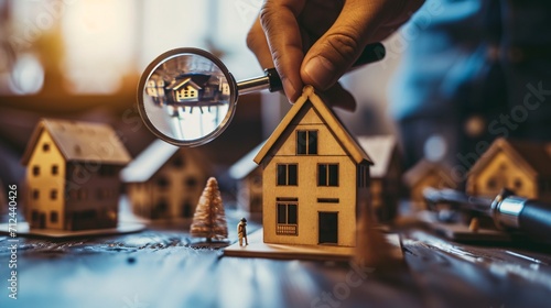 Using a hand to tap a magnifying glass icon for seeking data on a miniature wooden house, for finding listings for purchasing or leasing a home. SEO.