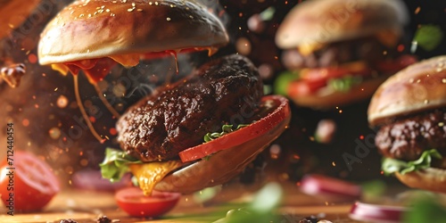 Realistic 3D burgers falling in the air with grilled meat collection, ultra-detailed icon, and flying angle view food photography in a burger composition. photo