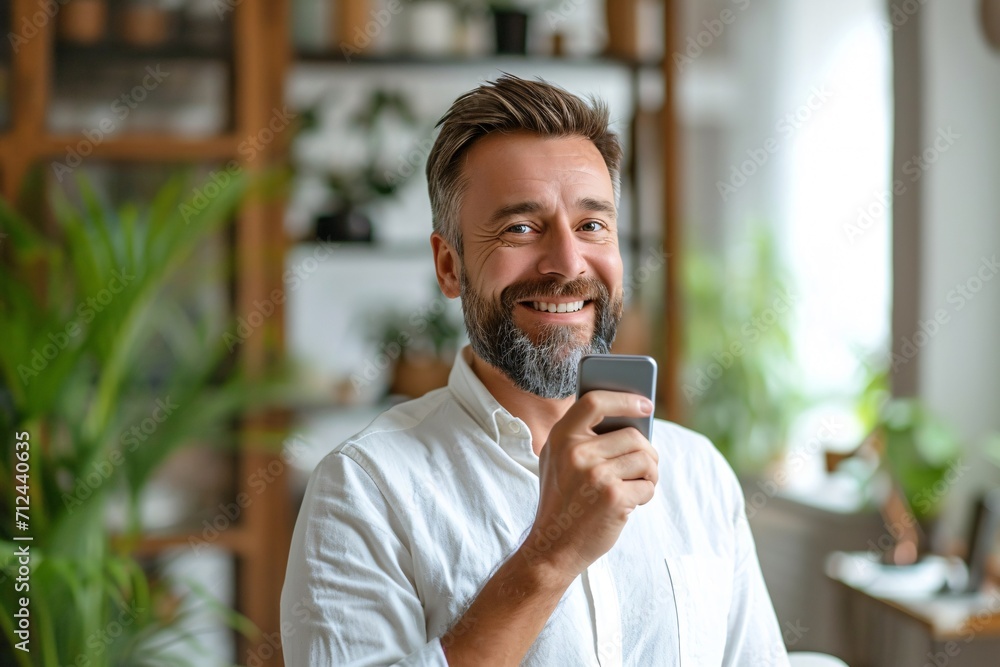 Content man chatting on cellular phone in residence. Blank space for words. Content man chatting on cellular phone in residence. Blank space for words.