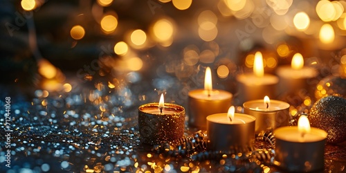 Festive backdrop for New Year's celebration with golden lit candles on sparkling bokeh, 2024 edition.