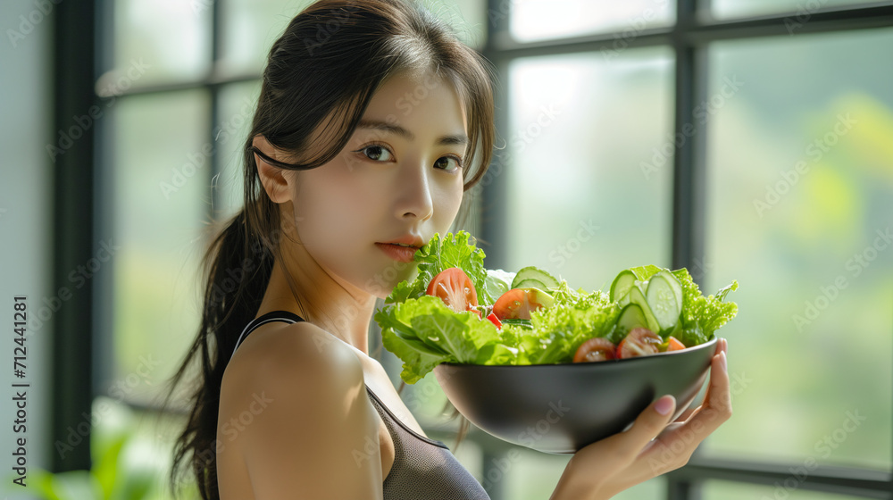 Asian attractive sport woman holding salad bowl and eat vegetables. Beautiful sport girl in sportswear enjoy eat clean vegetables after exercise for health in house. Diet and Healthy food concept. Asian attractive sport woman holding salad bowl and eat vegetables. Beautiful sport girl in sportswear enjoy eat clean vegetables after exercise for health in house. Diet and Healthy food concept.