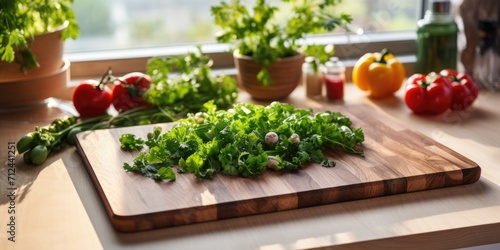 Culinary background. wooden cutting board with cut vegetables. ai generated