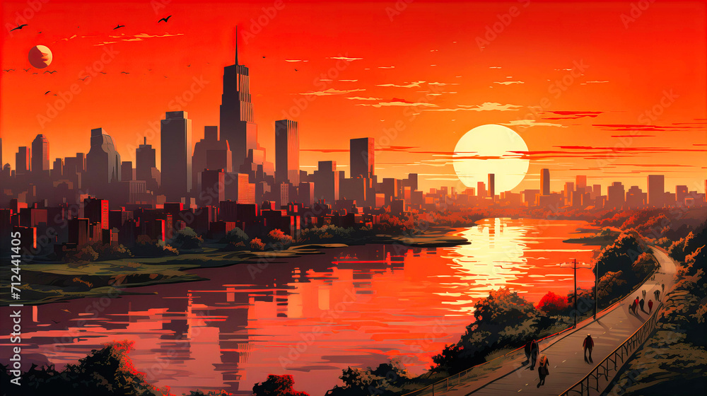 NYC Skyline Splendor: Urban Panorama with Skyscrapers, River, and Breathtaking Sunset Views.