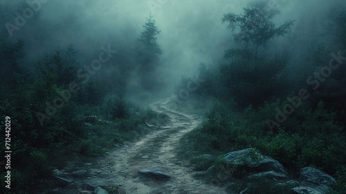 Enigmatic shadowy woods with a murky path shrouded in fog, creating a spooky Halloween atmosphere.