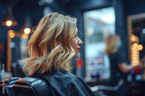 blond woman sitting on a chair having hair done at salon