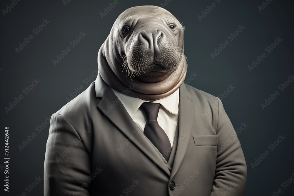 Portrait of a walrus in a suit with a tie. Anthropomorphic animals concept. Portrait of a walrus in a suit with a tie. Anthropomorphic animals concept.