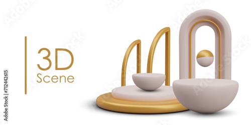 Beige and golden arch, ball flying above hemisphere