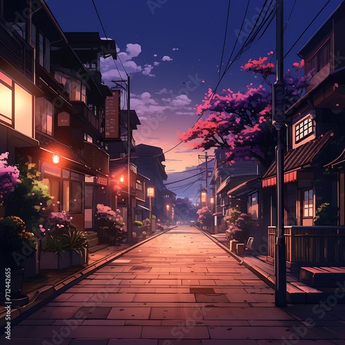 night street in neighbor hood area anime lofi relaxing style  photo