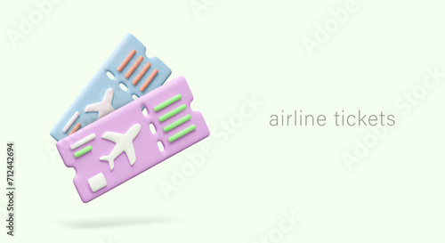 Horizontal web banner with 3D plane tickets. Online ticket office advertisement. Booking tickets for flights. Boarding pass ticket. Hot offer from travel agency