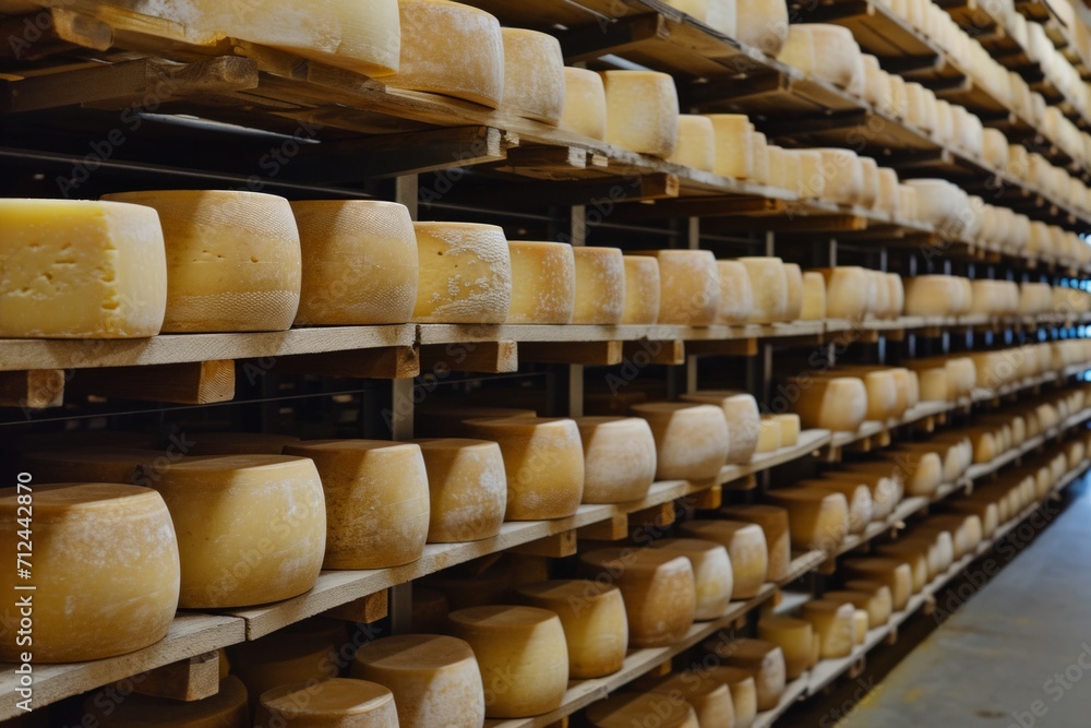 Fototapeta premium Parmesan cheese aging on shelves in factory warehouse, cheese production concept