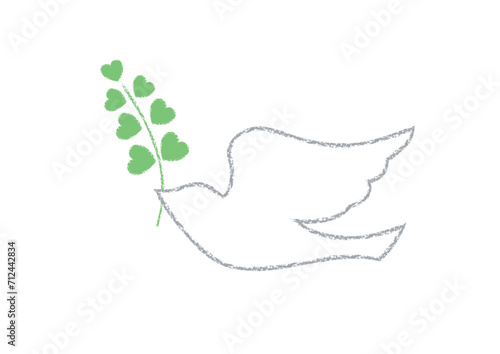 手描き風、ハート型の葉の植物をくわえて飛ぶ鳥のシンプルなイラスト