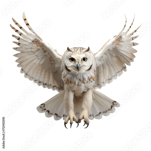 white owl flying isolated on png background.