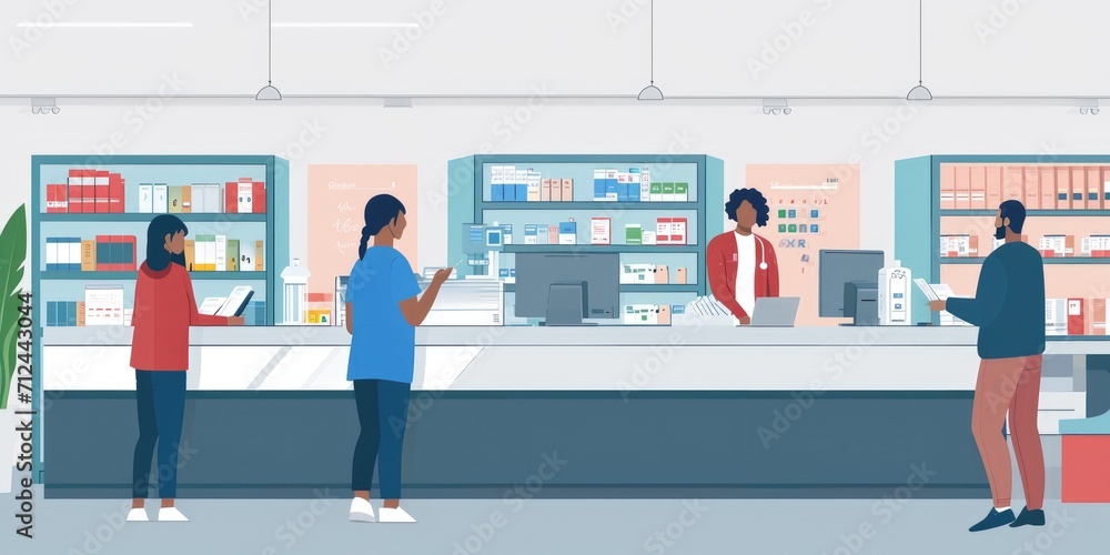 Illustrations showing staff members registering patients and verifying their information Illustrations showing staff members registering patients and verifying their information