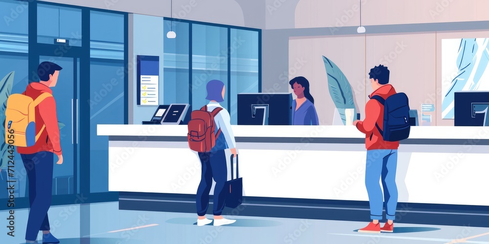Illustrations showing the check-in process at the reception desk with electronic registration Illustrations showing the check-in process at the reception desk with electronic registration