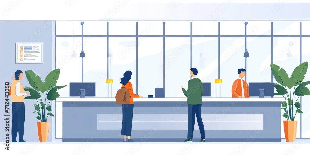 Illustrations showing the check-in process at the reception desk with electronic registration