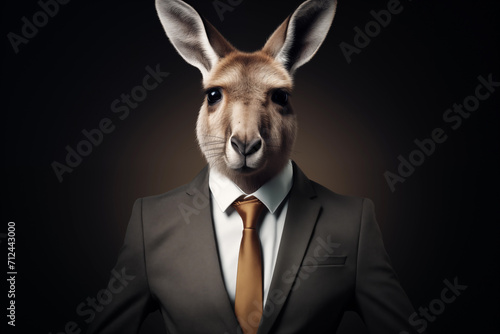 Portrait of a kangaroo in a suit and tie on a dark background. Anthropomorphic animals concept.