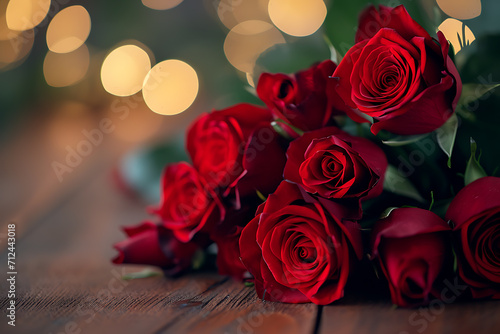 bouquet of red roses on a wooden table with bokeh light background