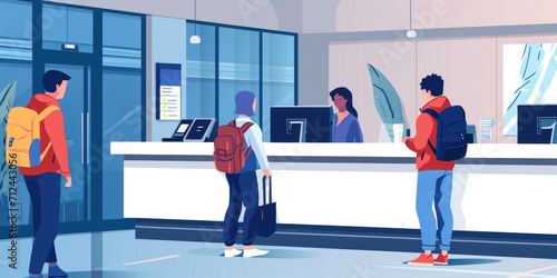 Illustrations showing the check-in process at the reception desk with electronic registration