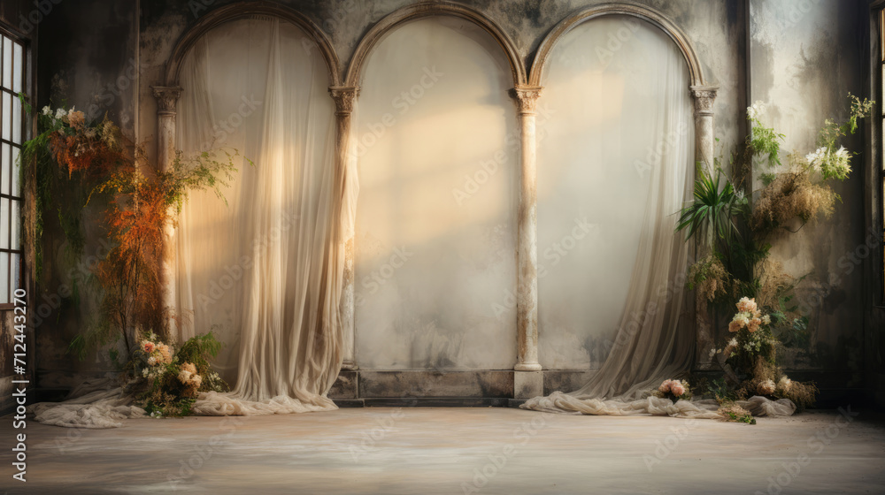 Create enchanting visuals with this studio photo backdrop, featuring an empty, blank stage, soft flowers, and a play of captivating ambient light Create enchanting visuals with this studio photo backdrop, featuring an empty, blank stage, soft flowers, and a play of captivating ambient light