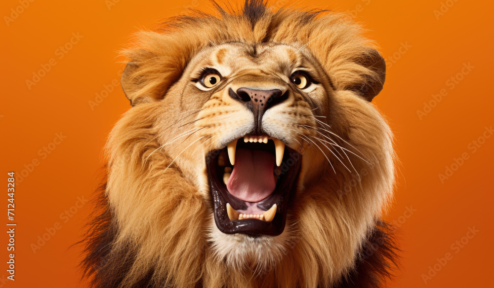 Portrait of a Lion showing his teeth. Open mouth. Orange background