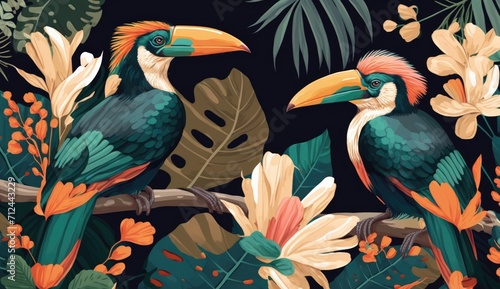 cute hornbill animals with modern colorful tropical floral pattern background. Hand drawn illustration, Generative ai © khwanchai