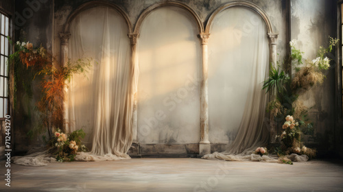 Create enchanting visuals with this studio photo backdrop, featuring an empty, blank stage, soft flowers, and a play of captivating ambient light © STOCK-AI