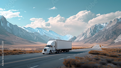 A white cargo truck with a white mock up side of white trailer for advertisement driving on a highway with mountain and natural view