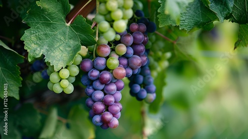 A bunch of violet and emerald grapes gathered on the vine of a tree.