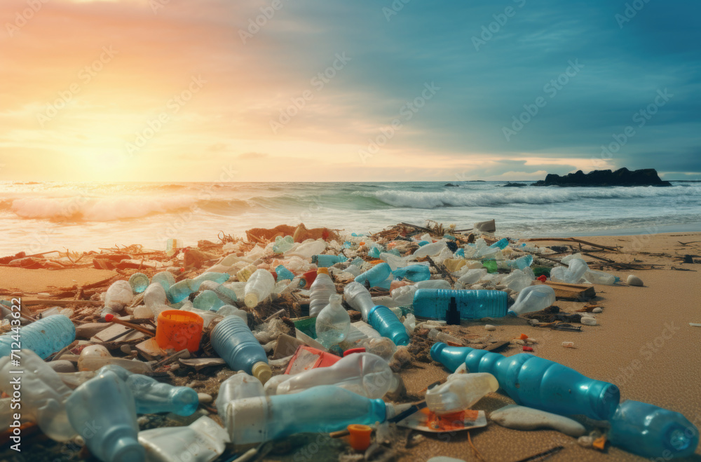 Plastic water bottles pollution in ocean. Environment concept