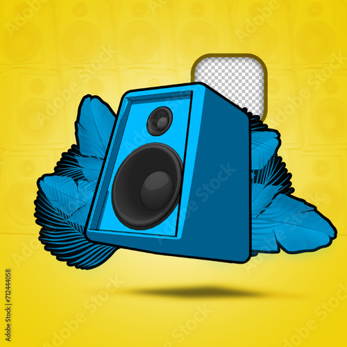 CAIXA DE SOM AZUL ESTILIZADA EM PNG COM FUNDO AMARELO 