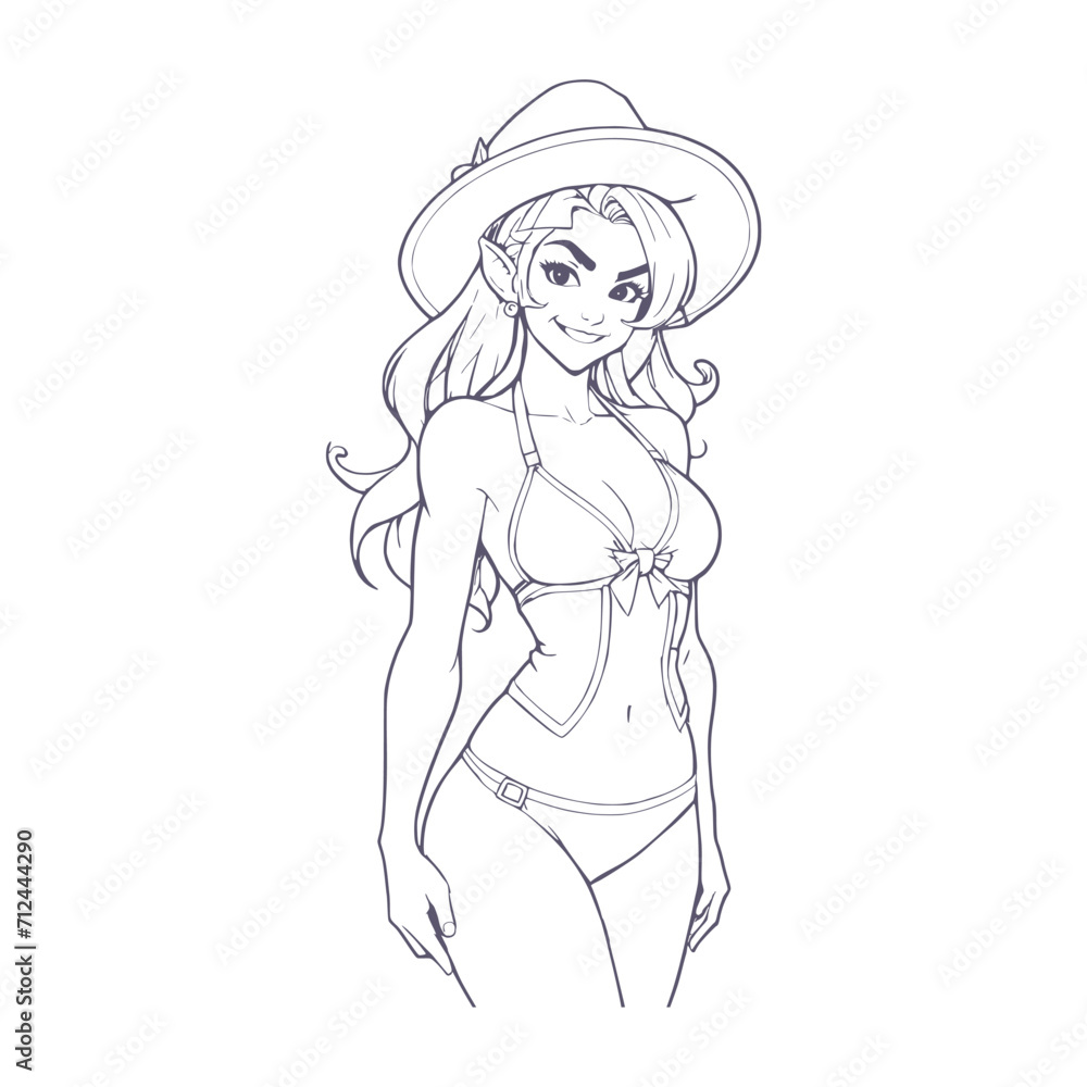 St. Patricks Day. Beautiful female leprechaun wearing hat and swimsuit. Young attractive woman in bikini. Sketch style outline. Young woman as elf character for advertising.