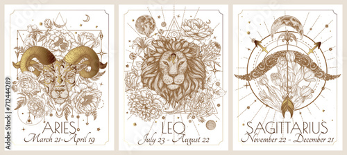 Vector illustration of zodiac signs in flowers card. Signs of the element of fire. Aries, Leo, Sagittarius. Gold on a white background in engraving style photo
