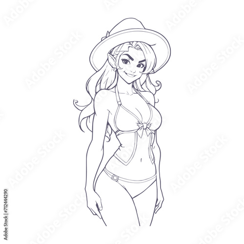 St. Patricks Day. Beautiful female leprechaun wearing hat and swimsuit. Young attractive woman in bikini. Sketch style outline. Young woman as elf character for advertising.