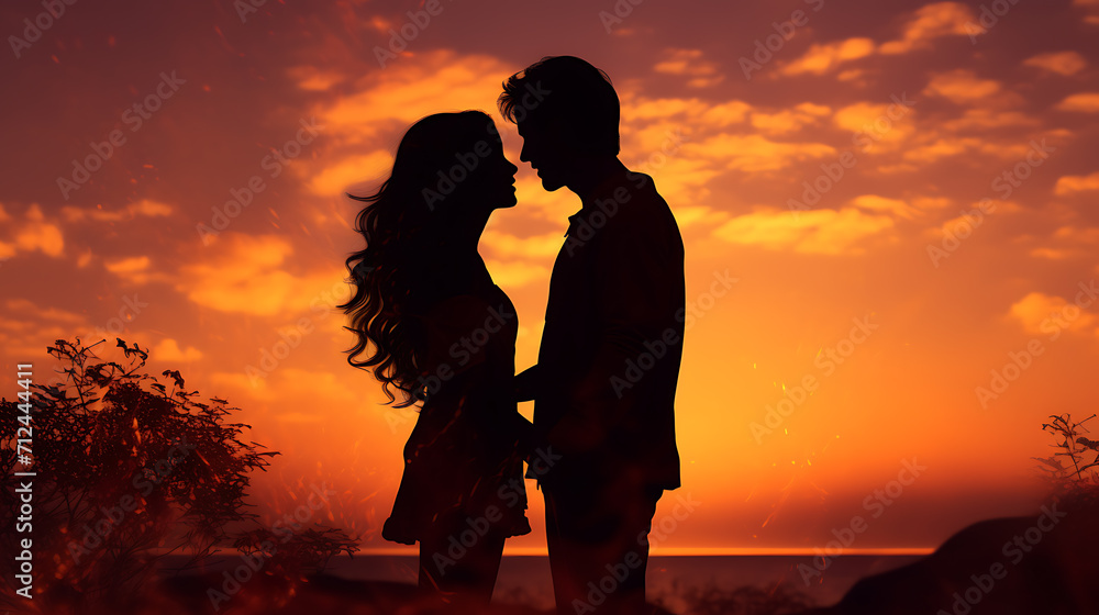silhouette of couple kissing on sunset