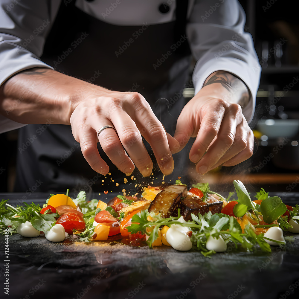 Close-up of a chef's hands preparing a gourmet dish.