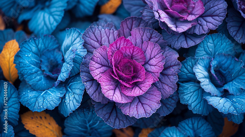 A close-up of blue cabbage with neon yellow and deep maroon leaves, © Natalia