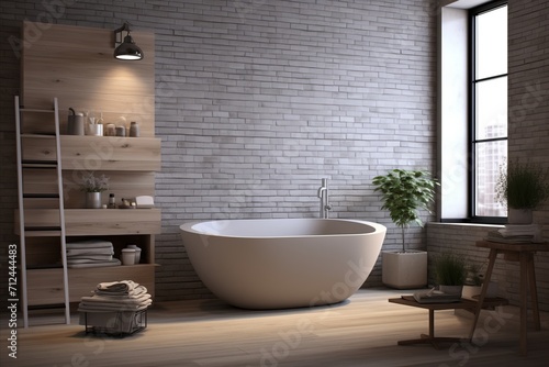 Contemporary minimalist bathroom with brick wall  freestanding bath  and greenery for modern design