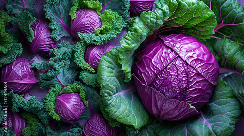 An image of a red cabbage cut, showcasing the striking contrast between the densely packed inner leaves and the looser outer ones,