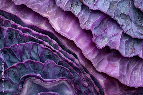 A close-up of the vibrant, jewel-toned layers in a red cabbage cross-section, resembling a natural gemstone,