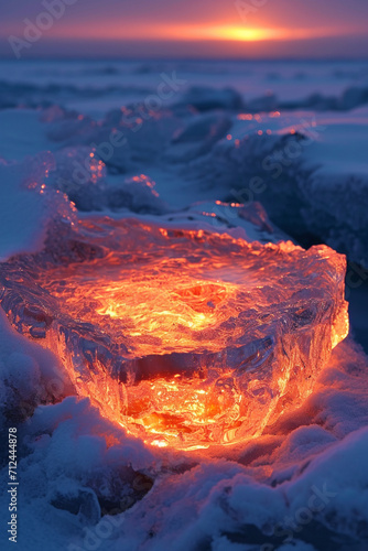 An image of a molten fire core within an iceberg, showing the contrast between hot and cold elements,