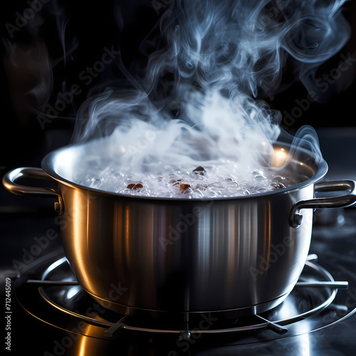 Close-up of a pot of boiling water with steam rising.
