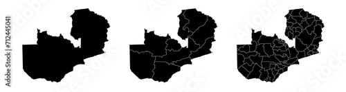 Set of isolated Zambia maps with regions. Isolated borders, departments, municipalities.