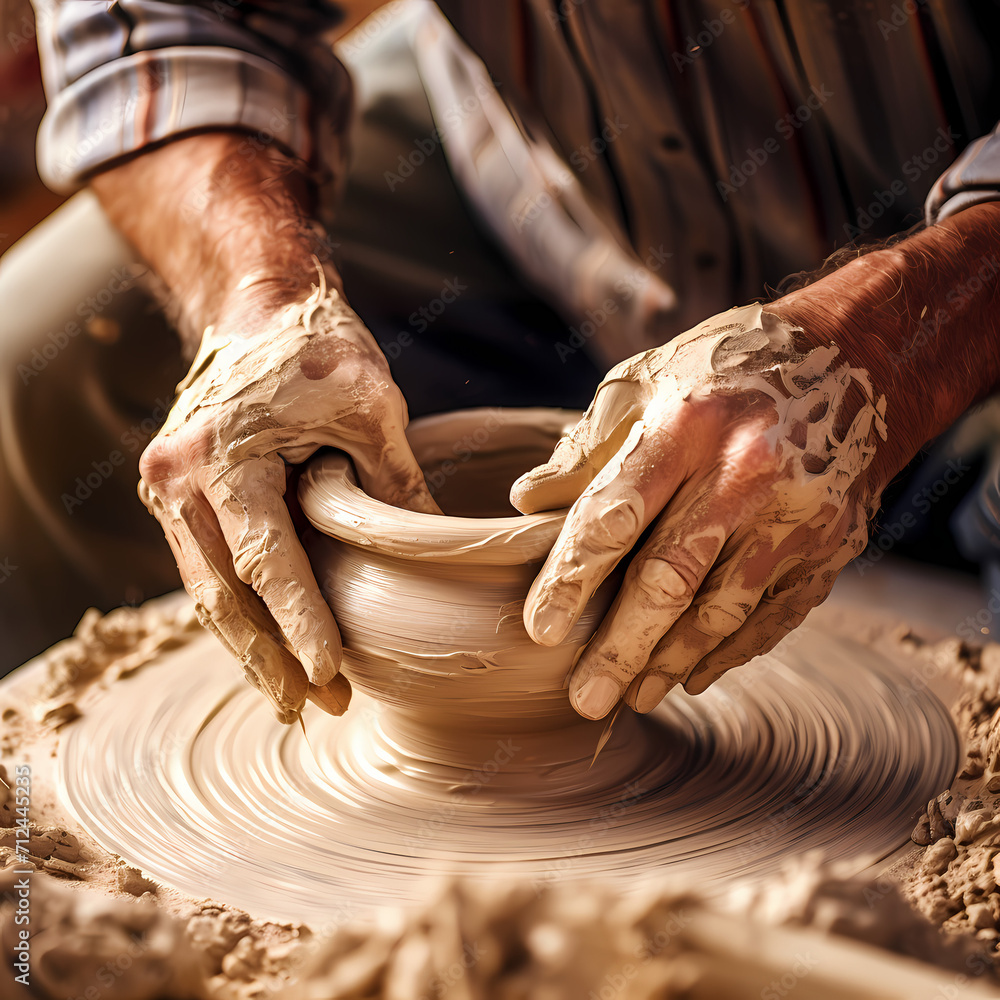 Close-up of a person's hands crafting pottery on a wheel.