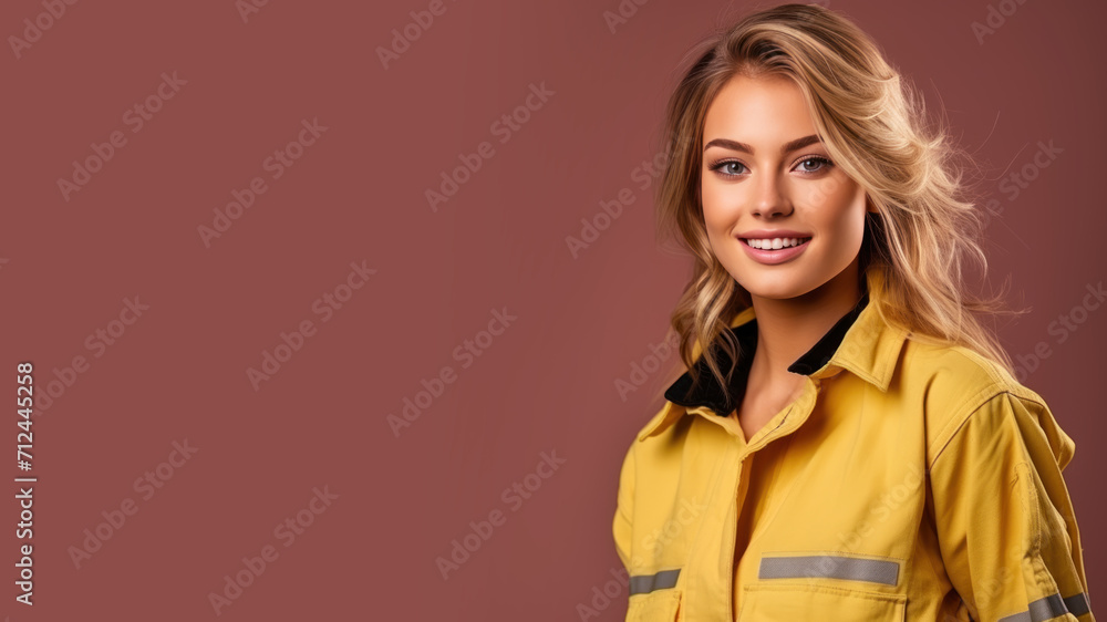 Blonde woman in firefighter uniform smile isolated on pastel background