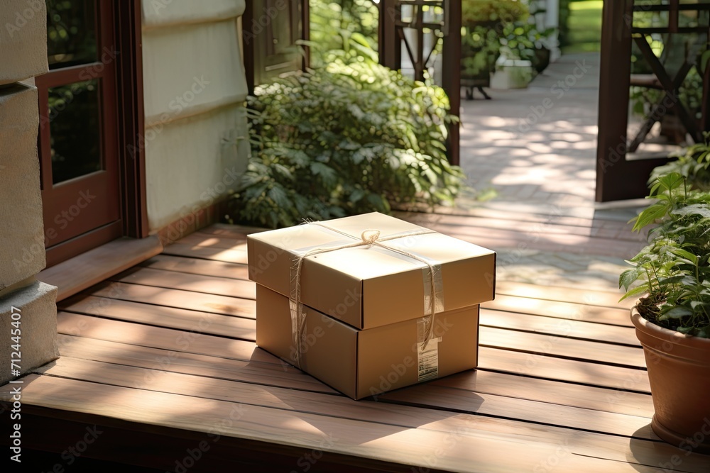 Cardboard box on the floor outside the house, parcel delivery. The package is in a cardboard box Cardboard box on the floor outside the house, parcel delivery. The package is in a cardboard box