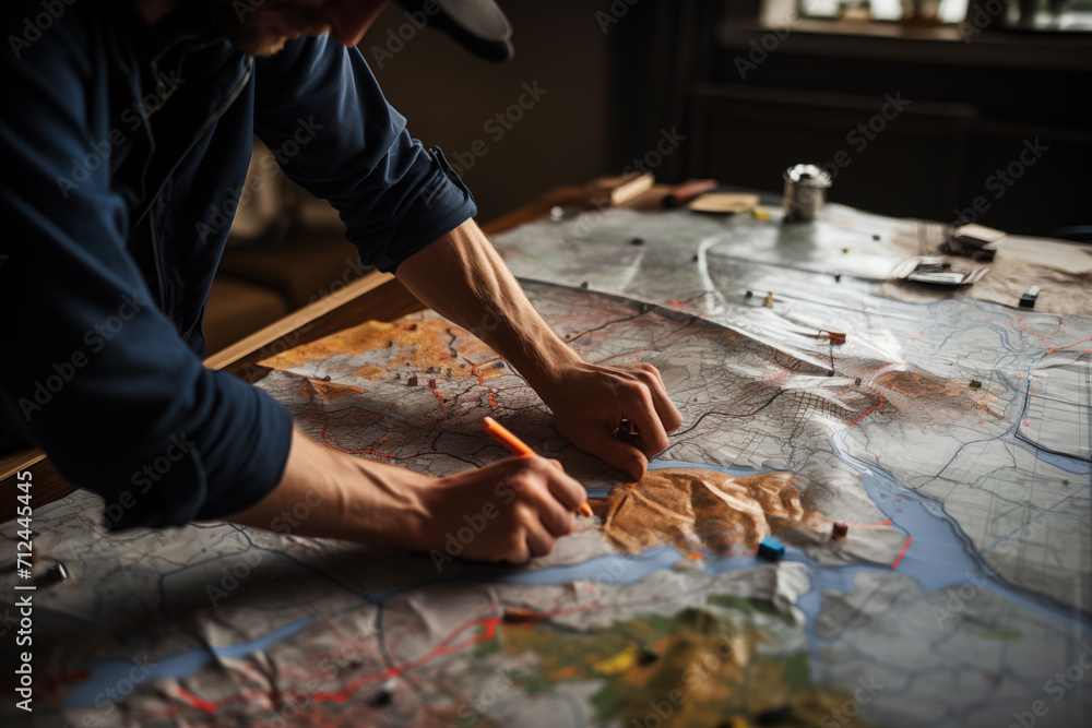 Obraz premium A man leans over a topographic map and makes marks, close up
