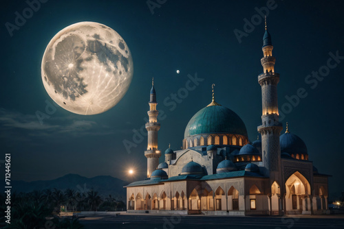 Night view of mosque in Istanbul, Turkey. Toned image. Mosque at night. the mosque building in magical moonlight, AI Generated