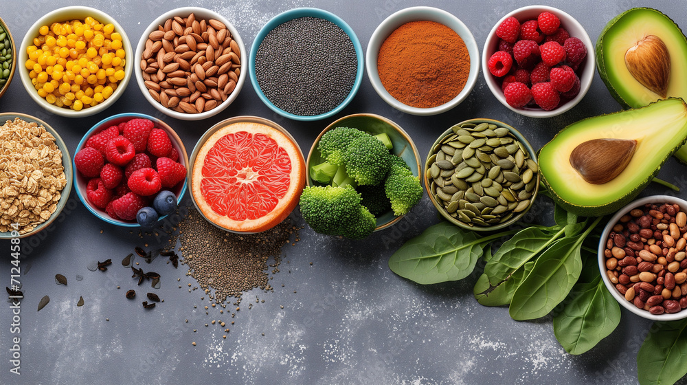 Healthy food selection on gray background. Detox and clean diet concept. Foods high in vitamins, minerals and antioxidants. Anti age foods. Top view, 4K, Healthy vegetarian dinner, for presentation Healthy food selection on gray background. Detox and clean diet concept. Foods high in vitamins, minerals and antioxidants. Anti age foods. Top view, 4K, Healthy vegetarian dinner, for presentation